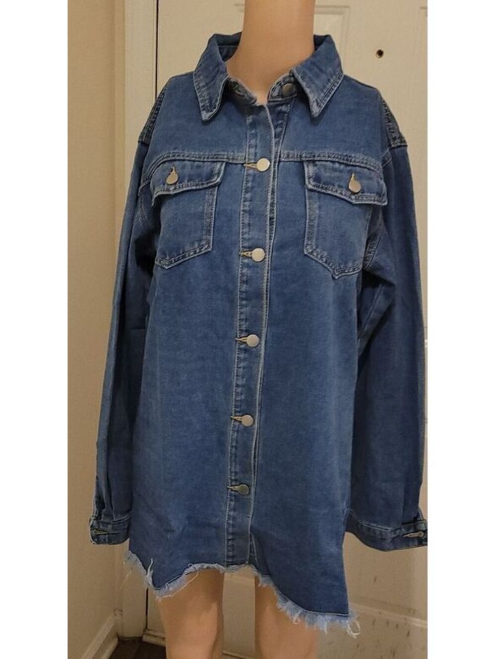 Women's Oversized Blue Denim Jacket Distressed Hem Size L